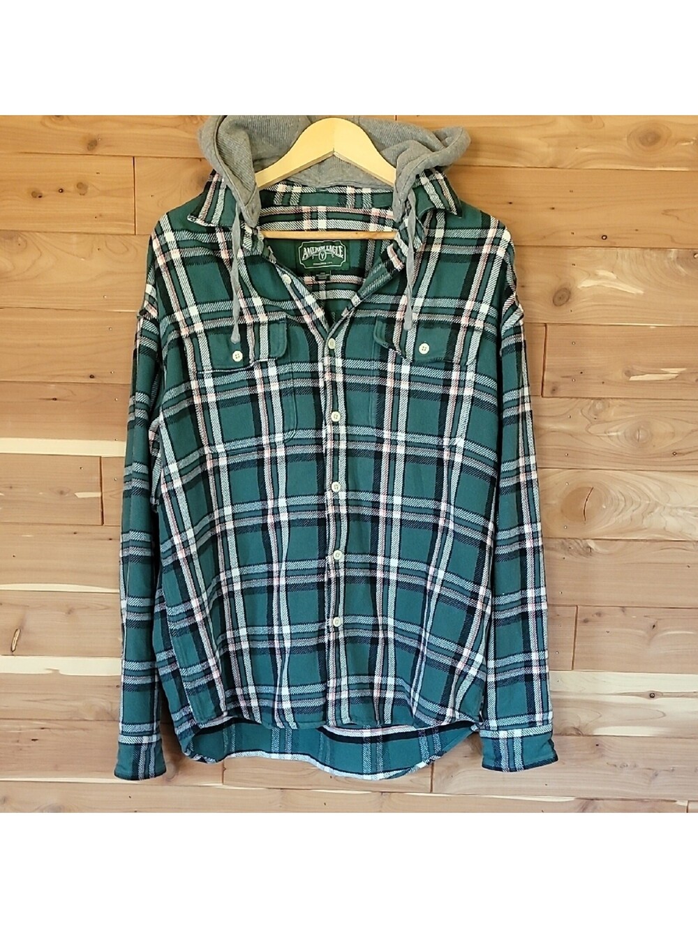 American Eagle Teal Flannel Jacket, Size L, Plaid, Green, Orange, Grey, White